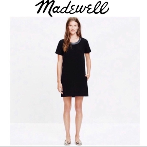 MADEWELL Black Leather Trim Neckline Tee Dress Short Sleeve With Pockets Size XS - Picture 2 of 12